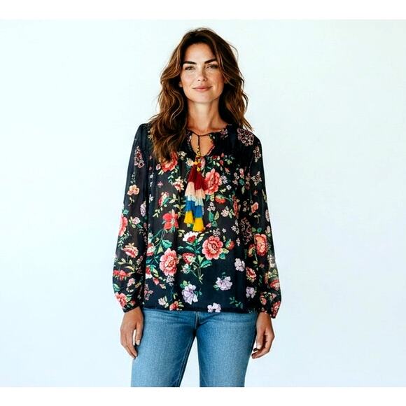 Johnny Was Tops - Johnny Was Floral Peasant Blouse Large Boho Tassel Tie Rayon Top Embellished